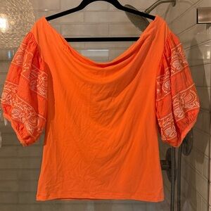 Free People Coral Top with Embroidered Sleeves